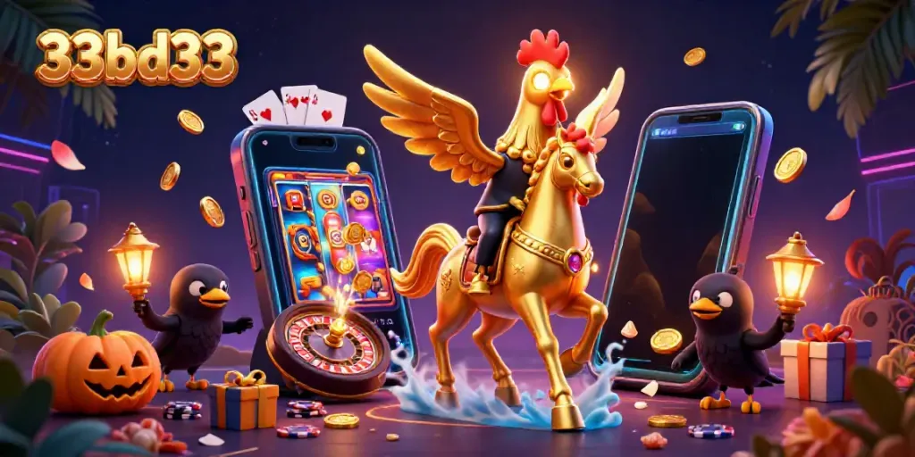 Experience thrilling games at 33bd33 with a vibrant casino fantasy scene showcasing golden characters and rich gambling elements.
