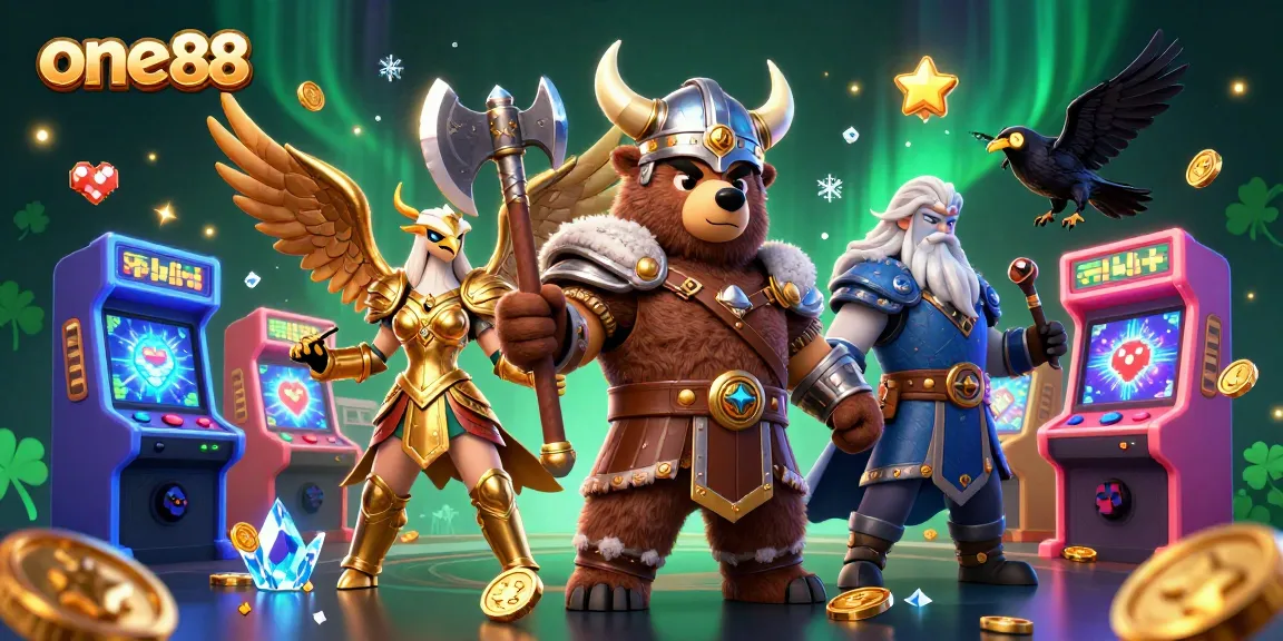 Experience thrilling gaming at one88's vibrant casino packed with colorful machines and legendary characters.