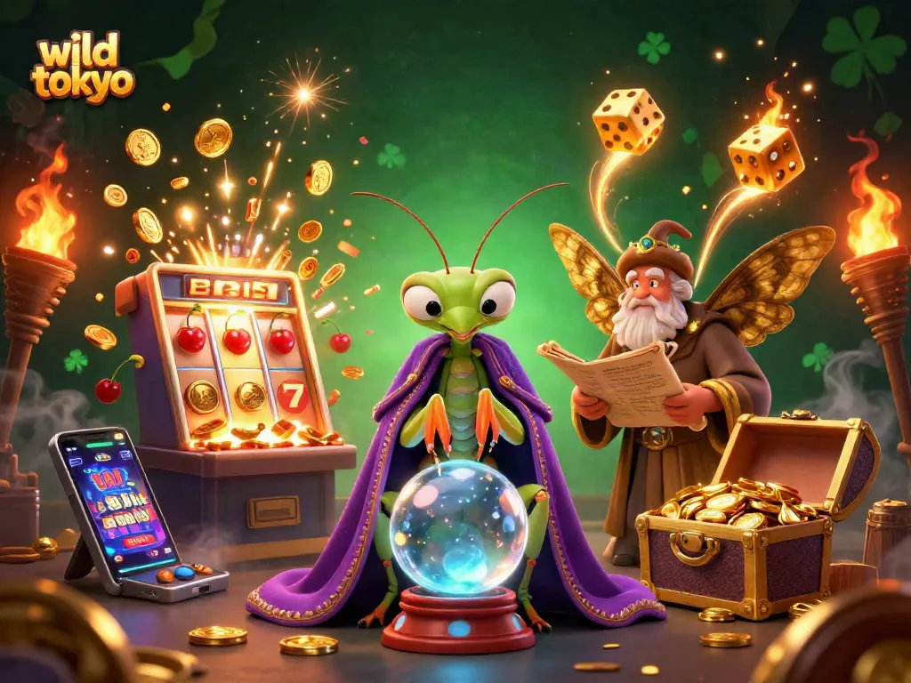 Experience the thrill of wild tokyo with this vibrant casino-themed illustration featuring a mystical fortune teller and massive jackpots.