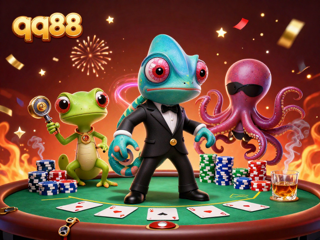Experience the thrill of qq88 with a colorful casino scene featuring a vibrant chameleon, tech-savvy gecko, and a villainous octopus.