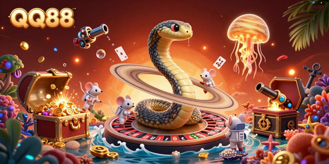 Experience QQ88's thrilling cosmic roulette scene with astronaut mice wagering and a golden jellyfish dealer.