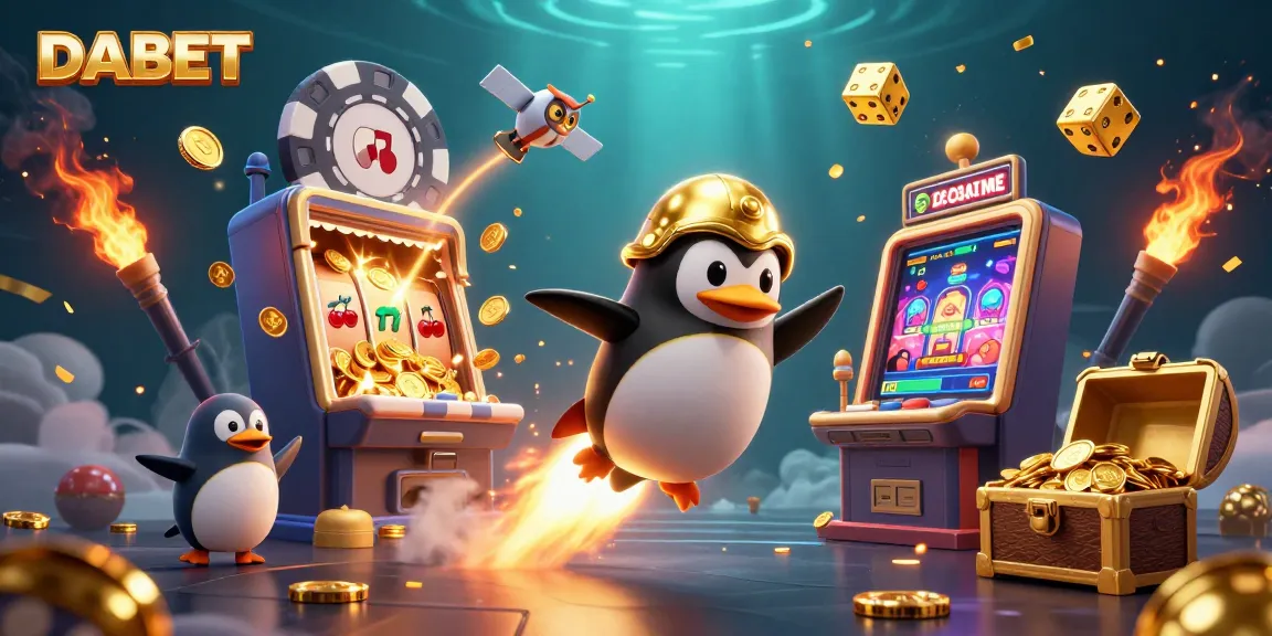 DABET offers thrilling jackpots with a penguin in a rocket chasing casino excitement and coins.