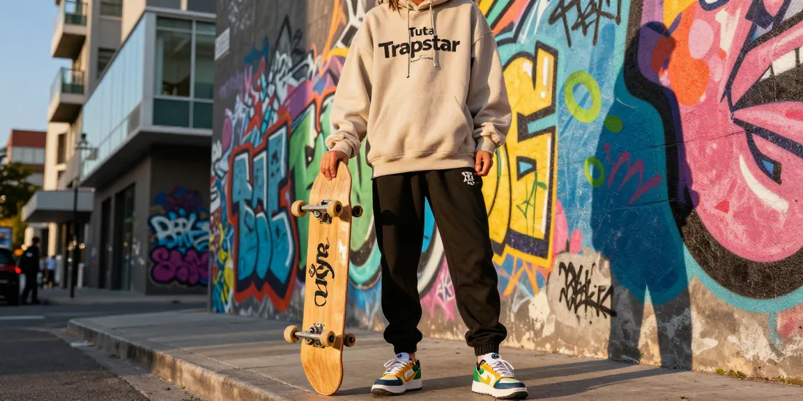 Tuta Trapstar mostrata in un ambiente urbano con uno sfondo di graffiti vivaci e accessori alla moda.