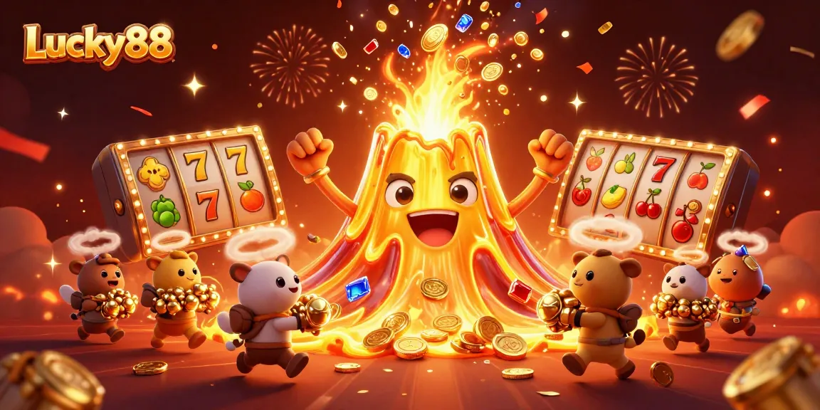 Experience the excitement of Lucky88 with treasure erupting from a fiery volcano amidst casino-themed chaos.