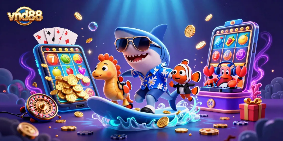 Engage with vnd88's vibrant gaming world through a cartoon spectacle of fun, featuring a shark, clownfish, and crab.