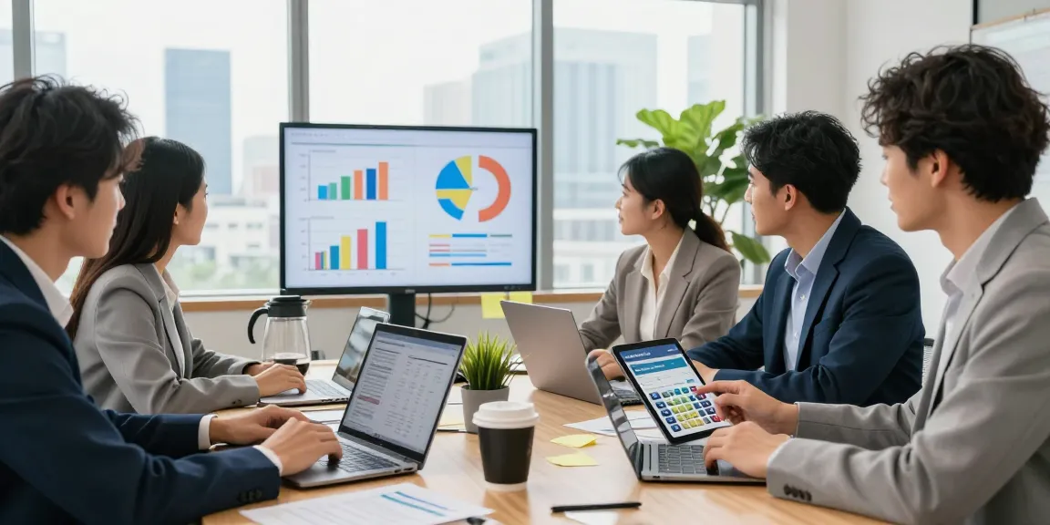 Team using a merchant cash advance calculator to analyze financial data in a modern office.