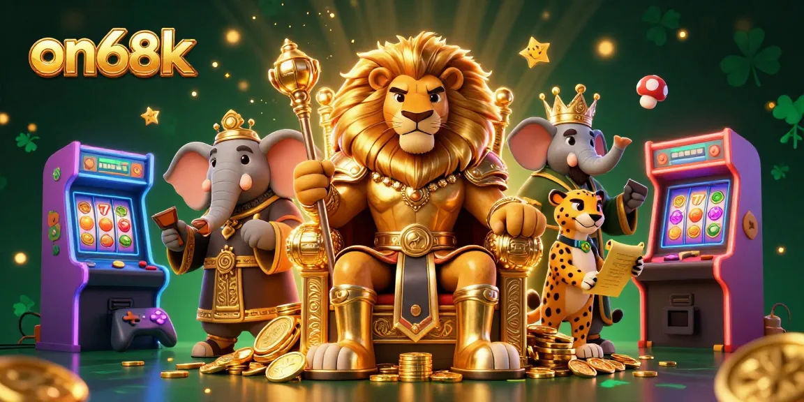 Play exciting games at on68k with a cartoon lion king and vibrant casino elements.