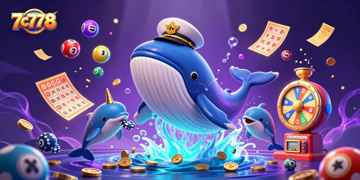 Engage with vibrant 7c7778 lottery action featuring a whale and playful dolphins in an ocean of gold.