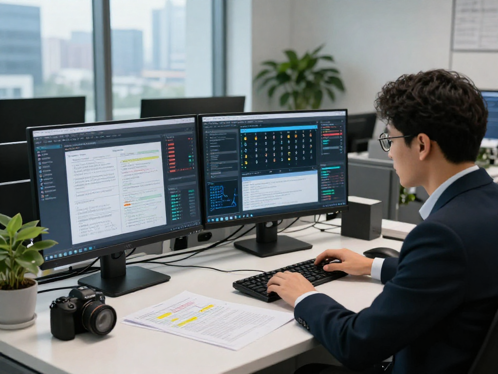 Document fraud detection analysis in a high-tech office with metrics and documents visible.