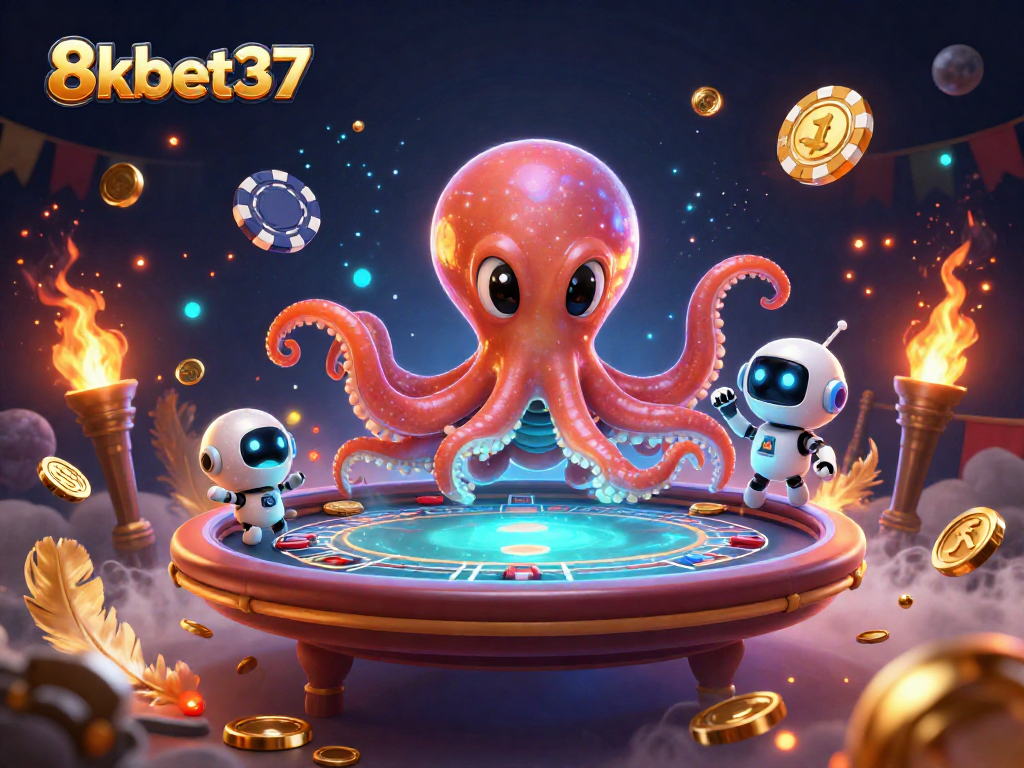 Experience thrilling poker with 8kbet37 and an alien octopus amidst dynamic cosmic elements.