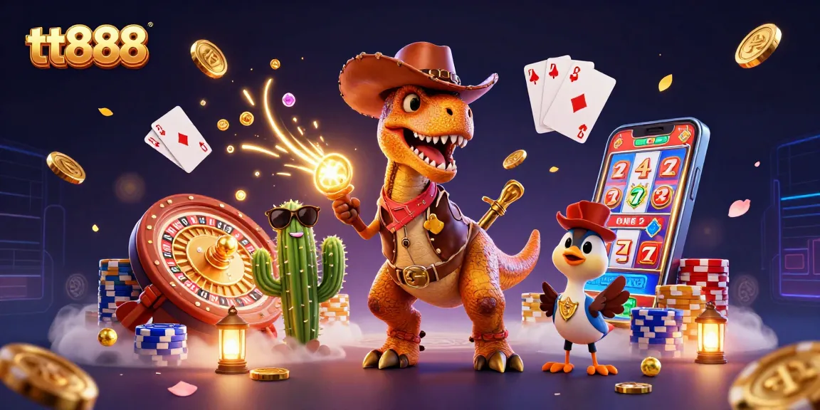 Engage with thrilling slots and roulette at tt888 alongside a whimsical T-Rex and friends.