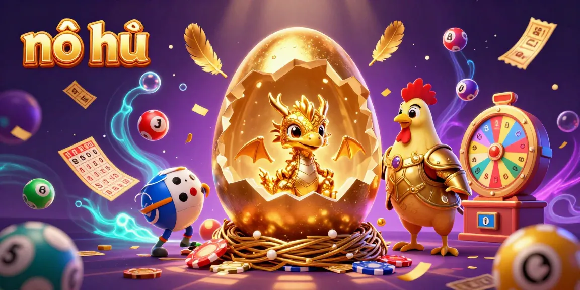 Spin and win with nổ hũ as the golden dragon emerges from the jackpot egg, surrounded by dynamic casino elements.