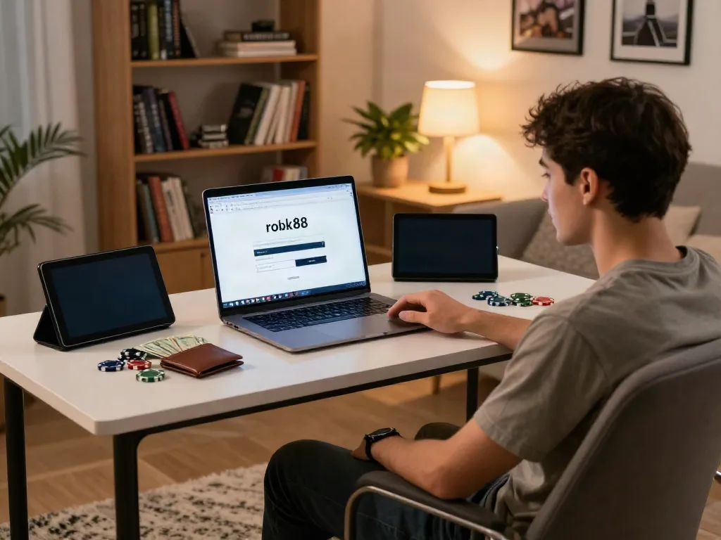 Person using rokok88 login on a laptop in a stylish home study